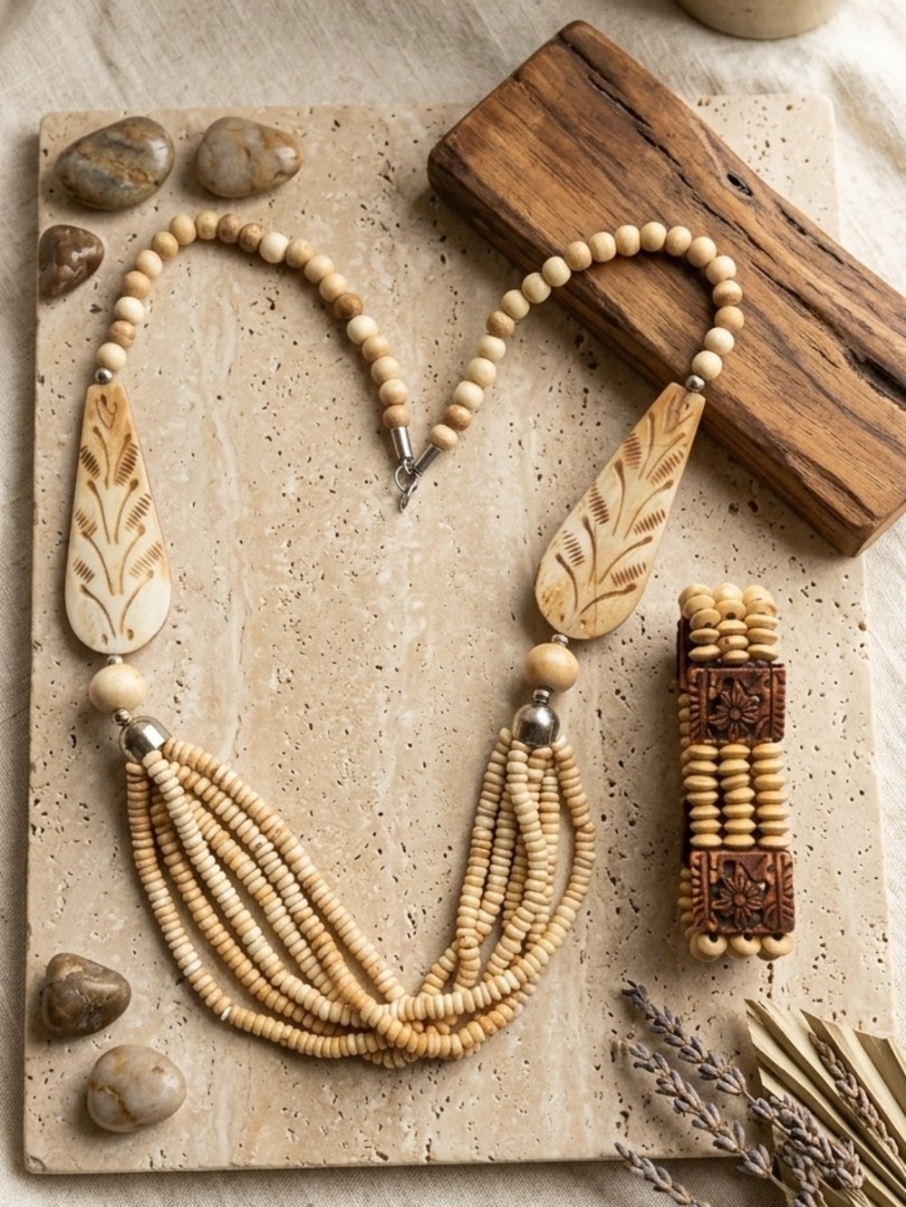 NOS Vintage Carved Bone & Wood Boho Statement Necklace & Bracelet Set